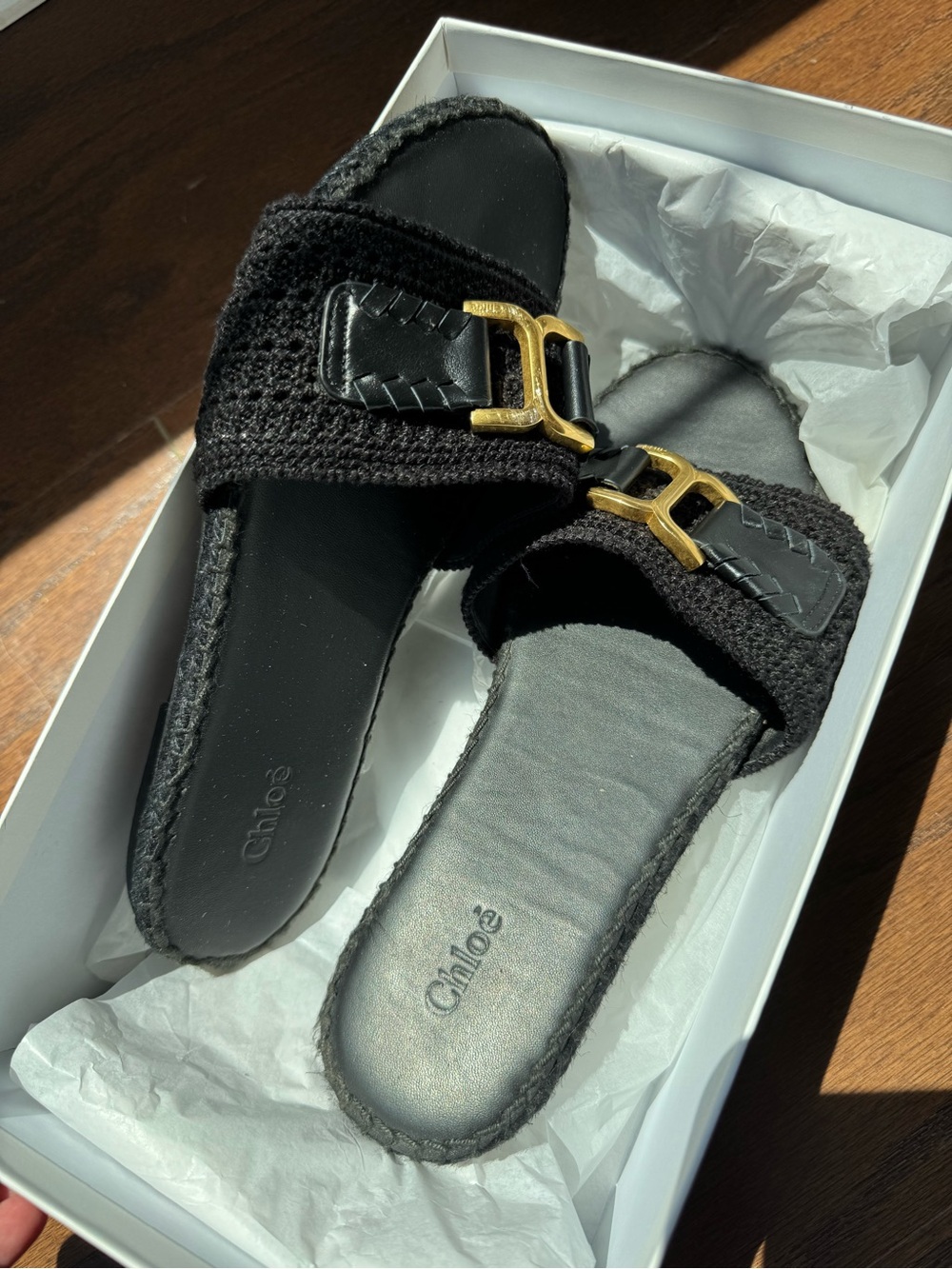 Chloe Black Crochet Slide Sandals with Gold Buckle